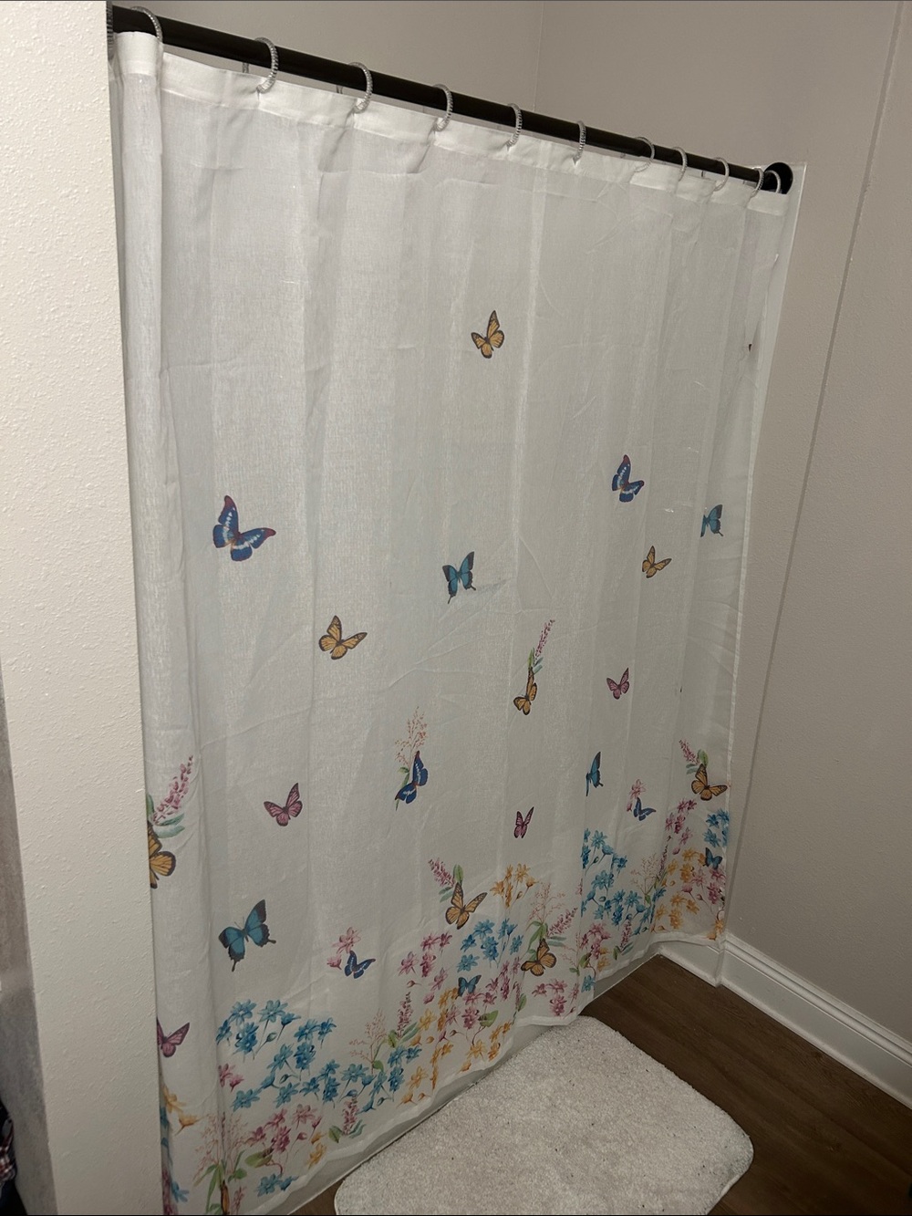 Mainstays White Shower Curtain with Multicolor Butterfly & Floral Meadow Accents